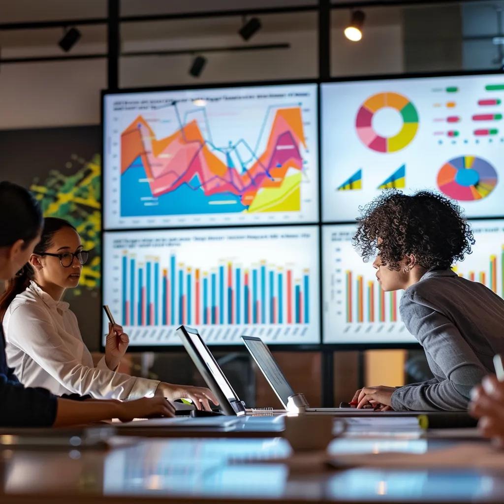 Marketing team reviewing charts to evaluate social performance