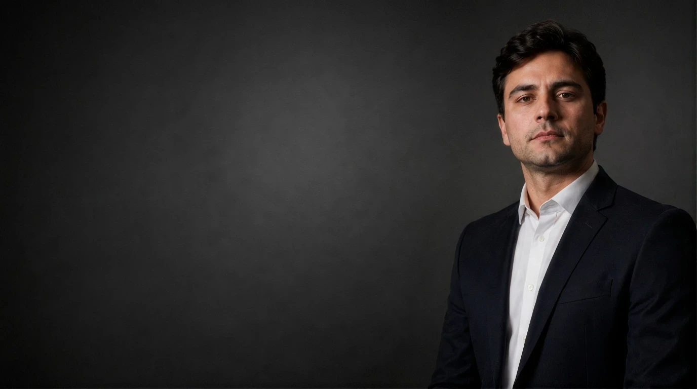 Retrato fotográfico de um homem de uns 30 anos com cabelos escuros e curtos, vestindo um paletó de terno escuro sobre uma camisa social escura. Ele olha diretamente para a câmera com uma expressão séria e confiante. O fundo é um degradê de cinza muito escuro e preto, limpo e minimalista.