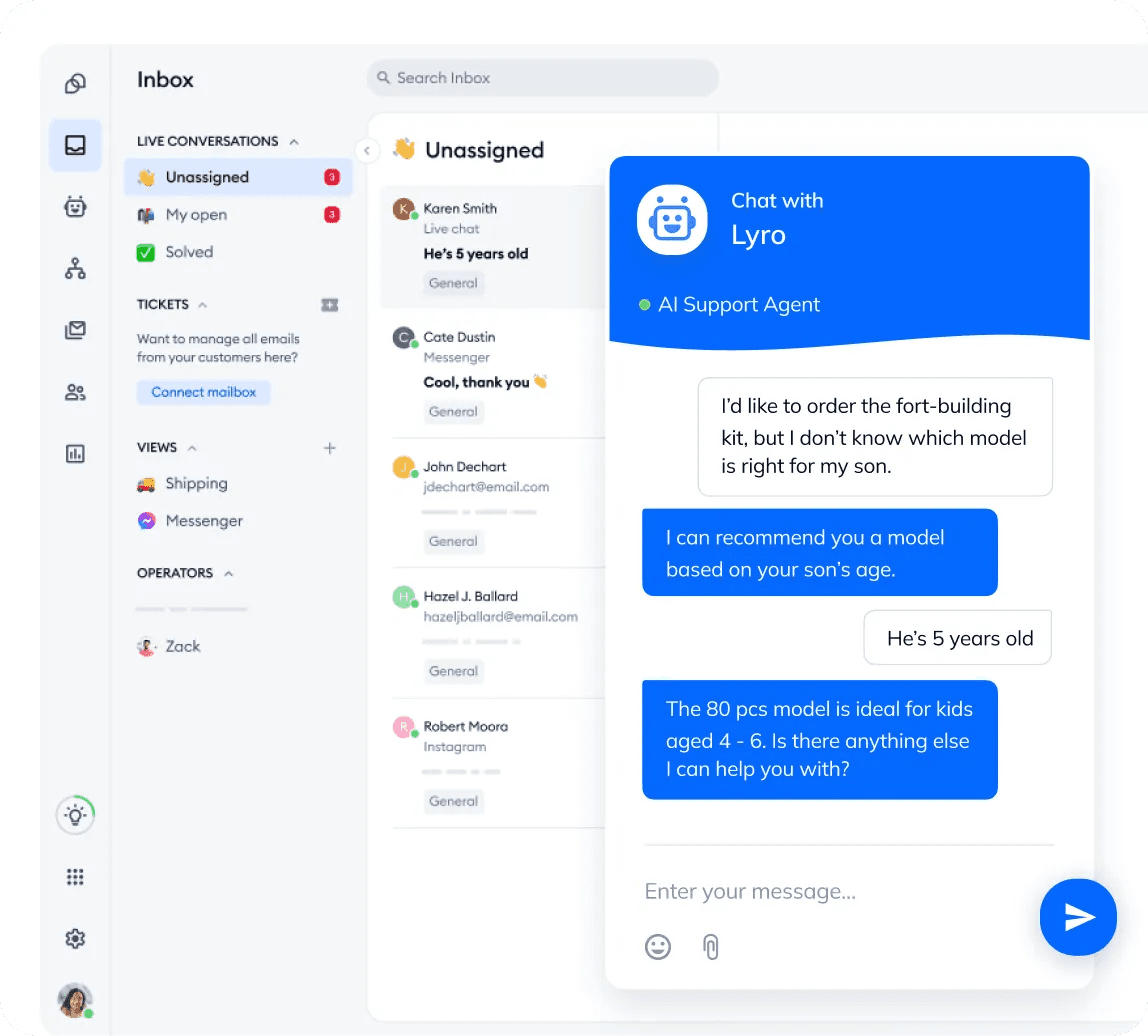 Tidio’s agent Lyro in conversation with a website visitor
