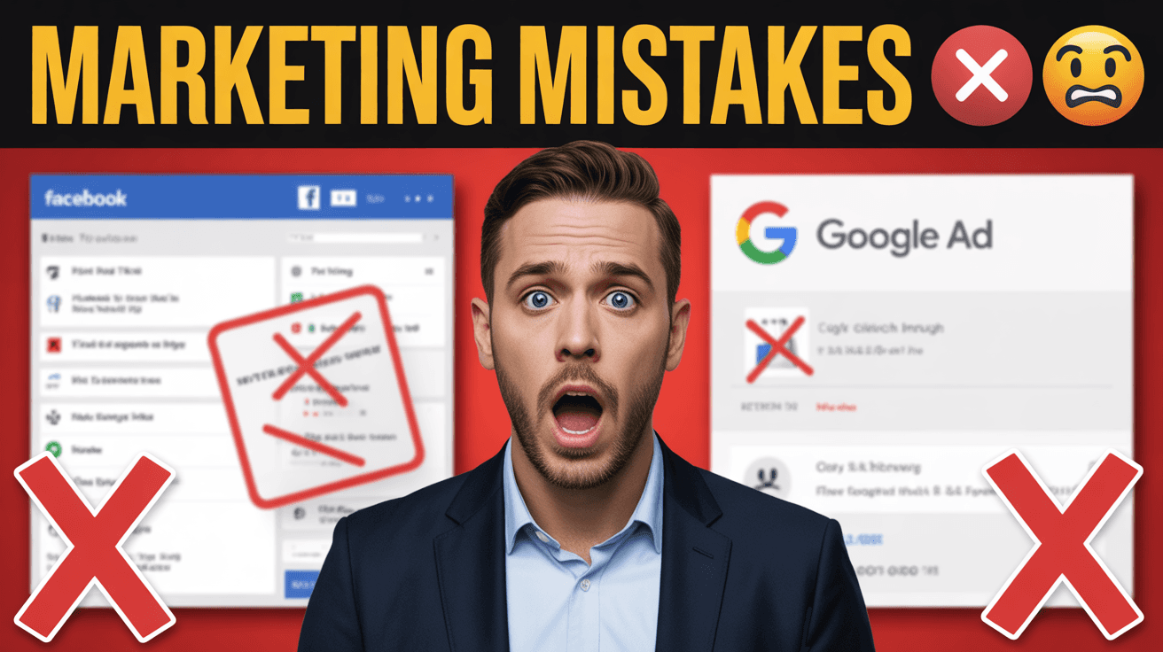 Shocked marketer between failed Facebook and Google ads with MARKETING MISTAKES text