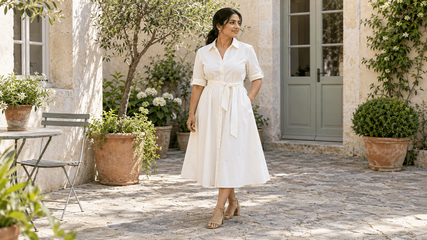 Robe chemise ivoire midi à col et ceinture en tissu, portée dans une cour végétalisée.