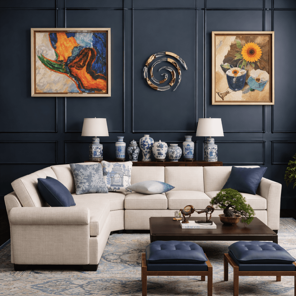 “Luxury living room furniture set featuring a cream sectional sofa, solid wood coffee table, navy accent ottomans, and refined wall art against deep blue paneled walls, showcasing high-end interior design and premium craftsmanship.”
