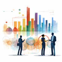 Data Engineering: Co-workers in an office with charts and circles in the distance