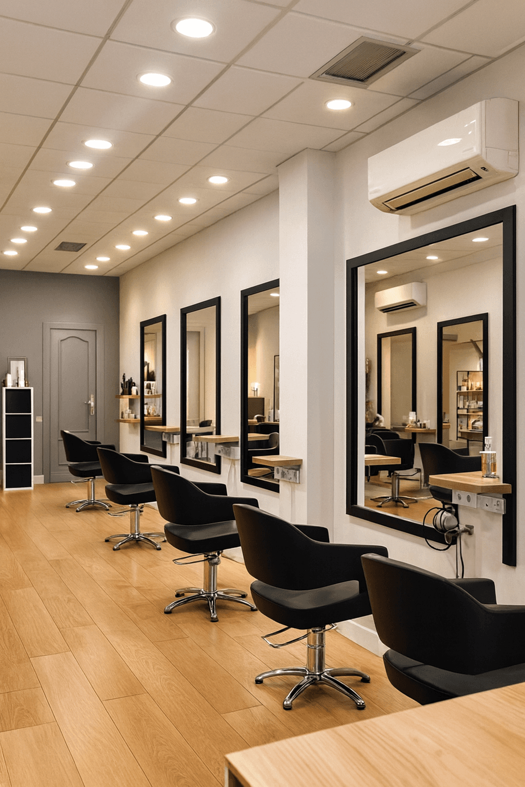A cozy and inviting spa room with a neatly made bed, soft lighting, and warm wooden tones. The scene is partially framed by green plants, adding a natural and soothing touch.