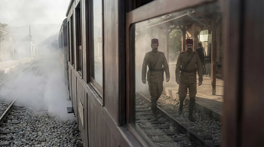 Soldiers walking the line beside a train in steam