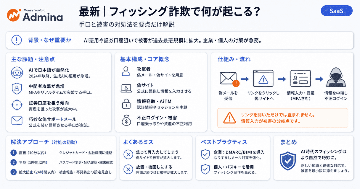 フィッシング詐欺の手口と被害発生時の緊急対処法、およびシステムによる防御策を整理した解説図。