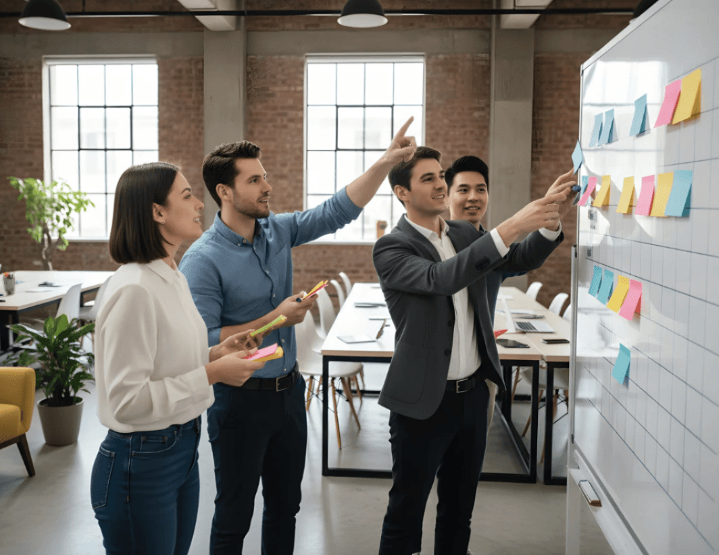 A team collaborating in Haywards Heath around a table in a modern workspace
