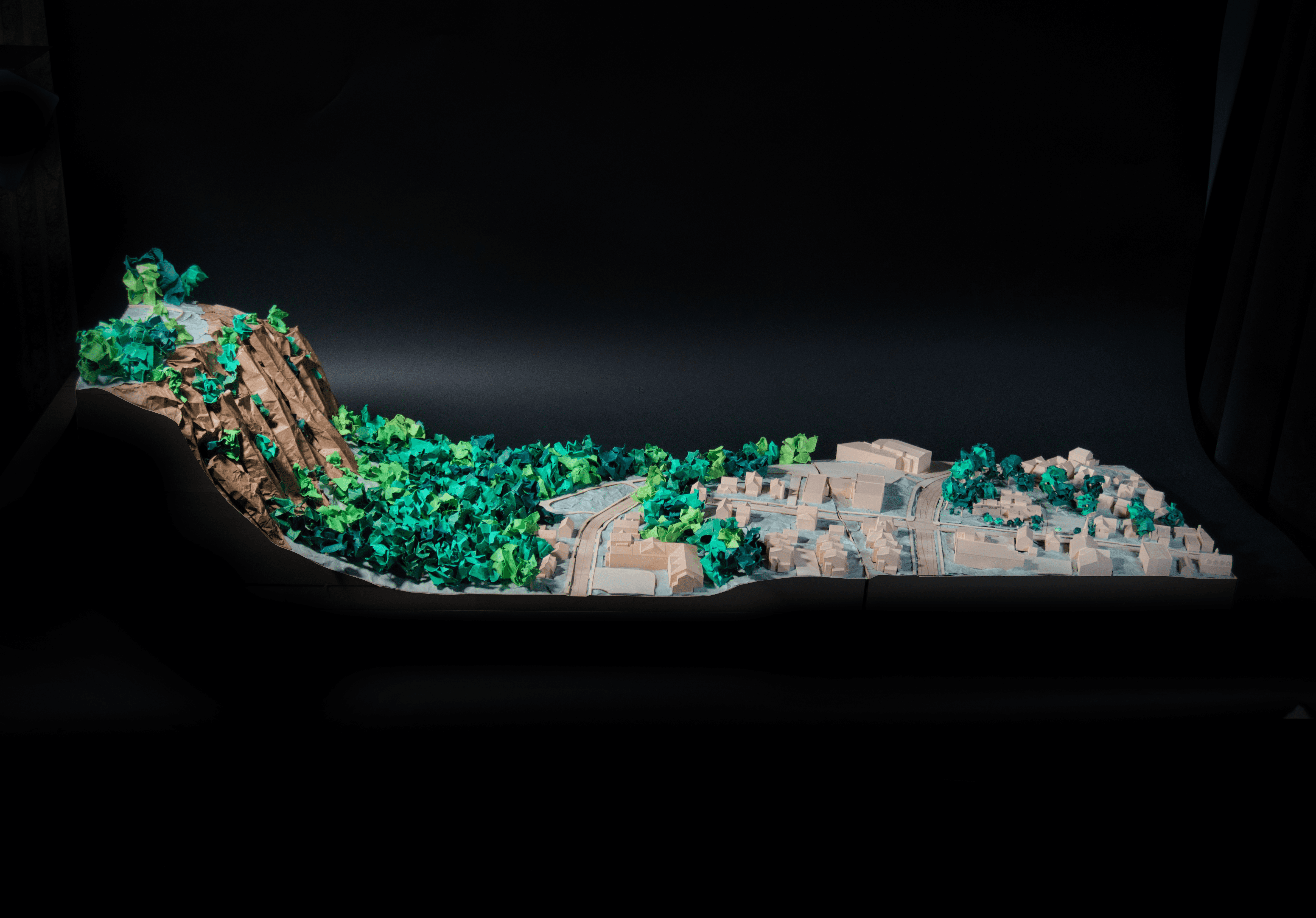 1/32" Site model showing the existing library and West Rock. 8' long model made from cardboard, paper, basswood, and 3D Prints. 