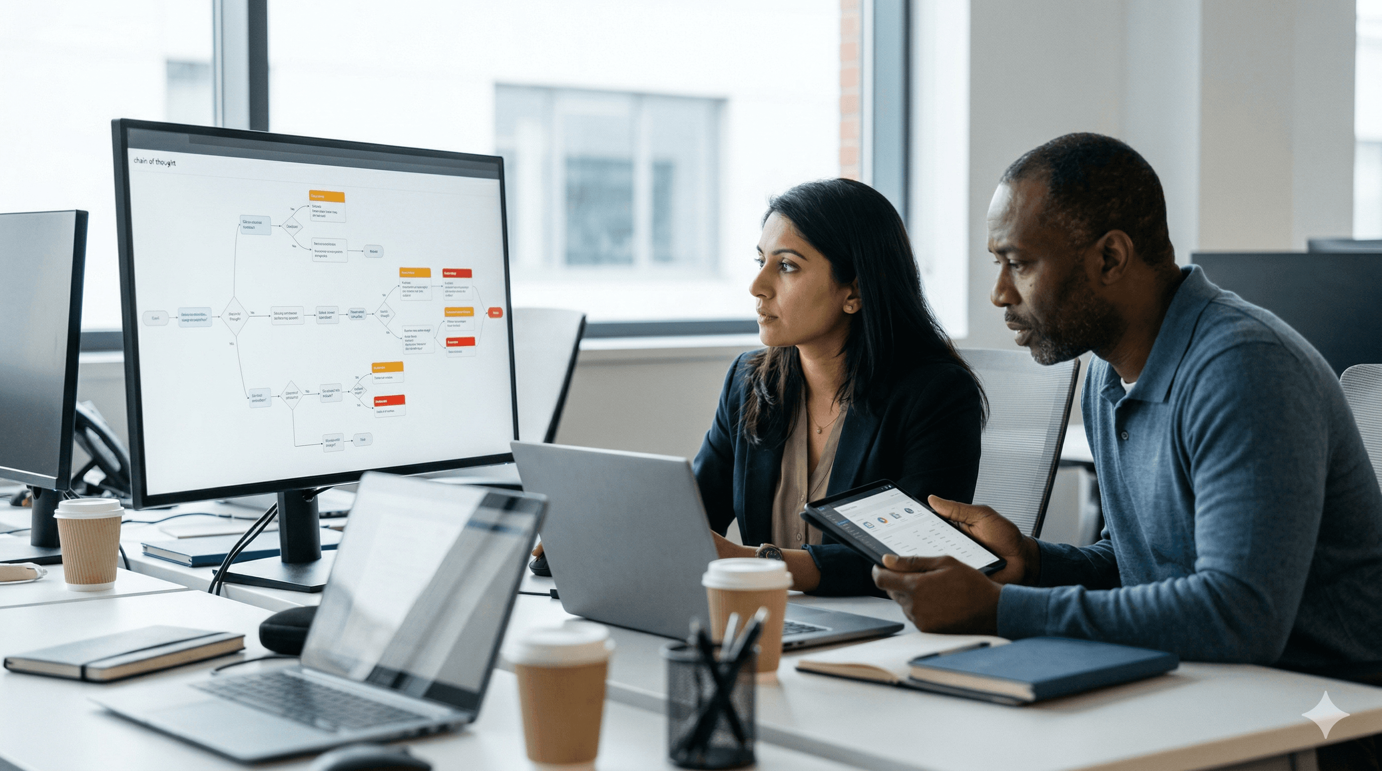 In a modern office setting, two professionals focus intensively on a large computer monitor displaying a complex flowchart, possibly related to coding and monitoring AI, while laptops and coffee cups are visible on the desk, emphasizing collaboration and technology-driven work.