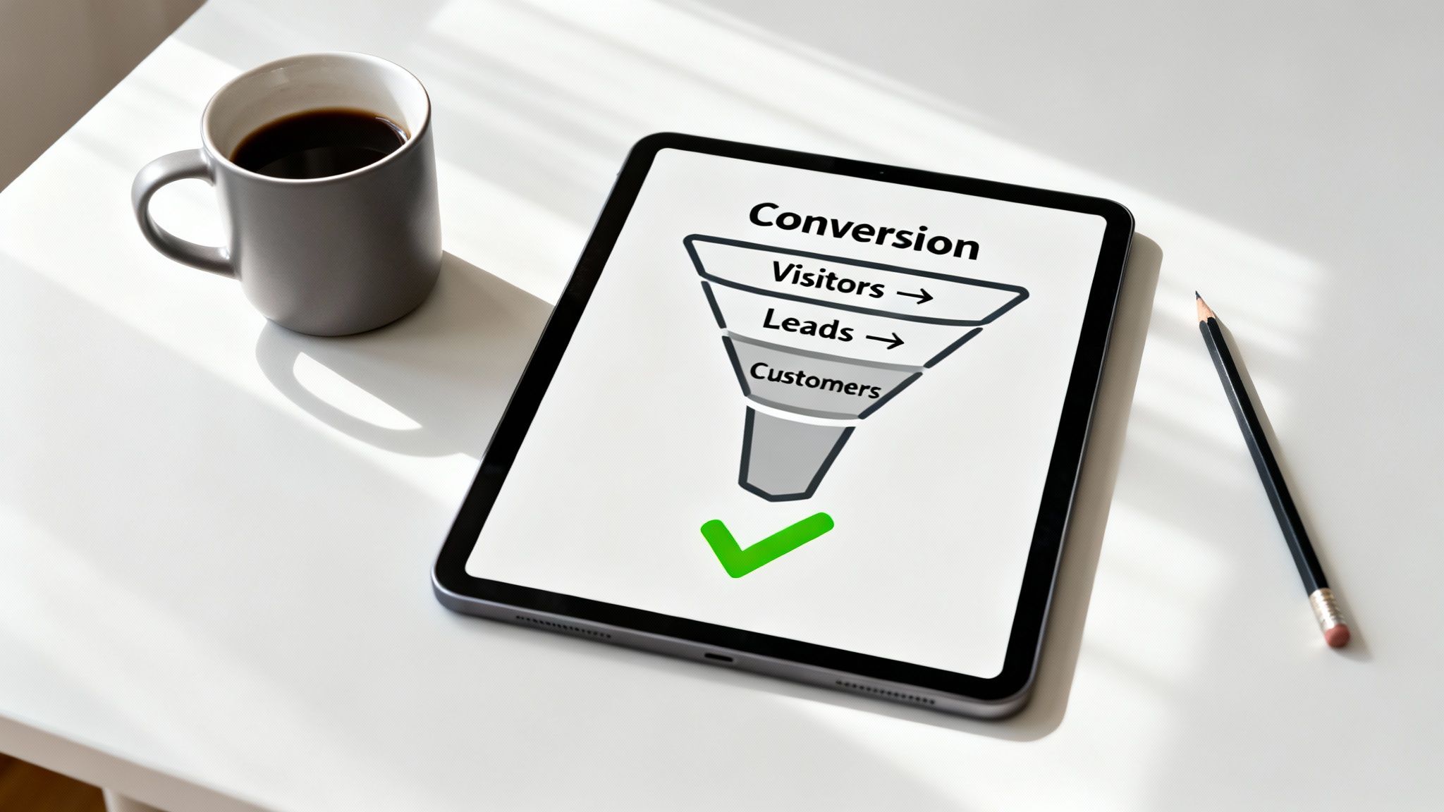 Tablet shows a digital marketing conversion funnel, progressing from visitors to customers, beside coffee and pencil.