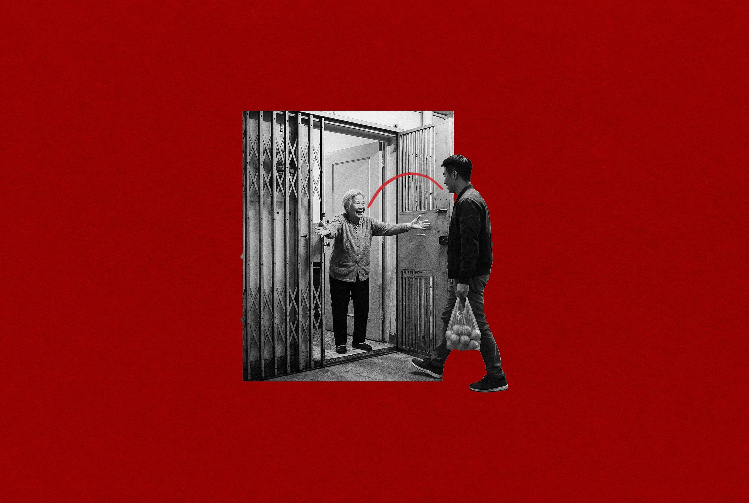 A black-and-white photograph of a beaming grandmother opening the metal folding gate of her Hong Kong flat with her arms wide, greeting a young man carrying a bag of oranges, with a red hand-drawn arc between them, on red paper.