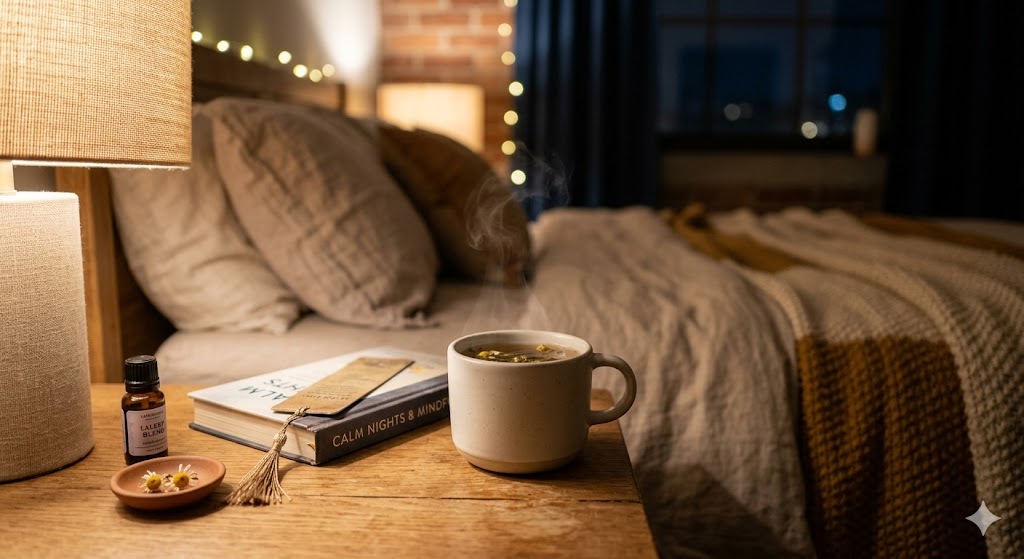 A close-up photograph of a warm and cozy bedside table setting for nighttime wellness, featuring a steaming ceramic mug of herbal tea, a small amber bottle of essential oil labeled "LAVENDER BLEND," a book with a decorative tassel bookmark, and a bedside lamp, with a blurred bed and twinkling string lights in the background.