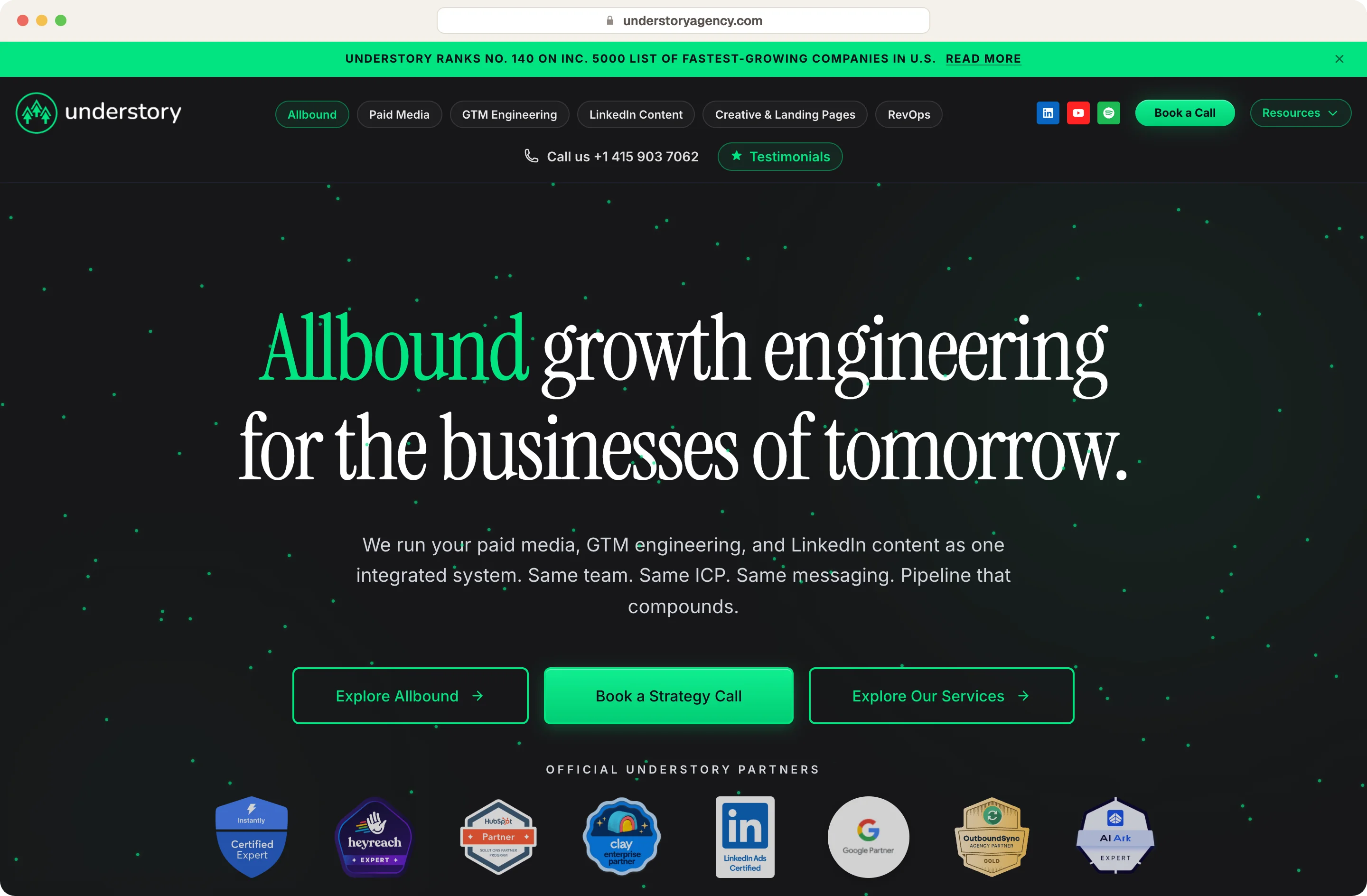 Understory homepage, an allbound agency offering paid media, GTM engineering and LinkedIn content as one system