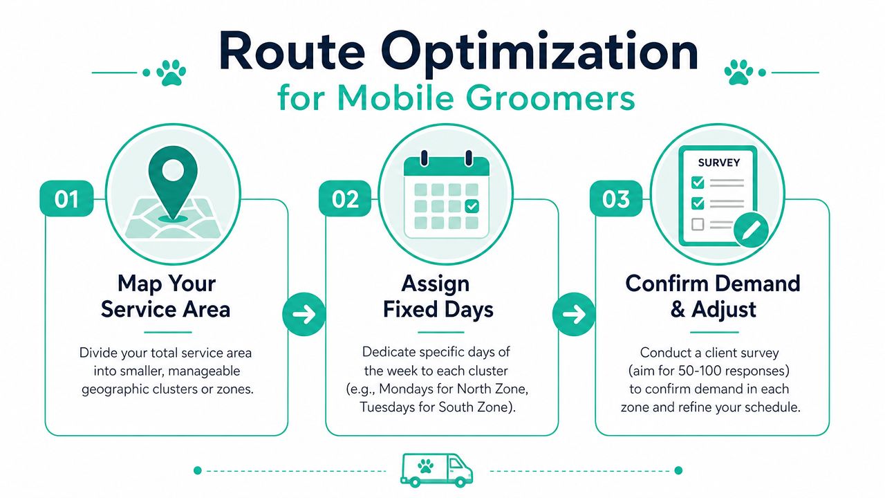 An infographic showing a three-step guide to route optimization for mobile pet grooming businesses.