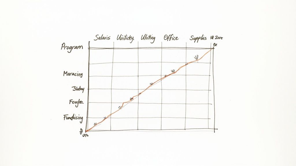 Cumulative expense chart showing nonprofit spending across salaries, utilities, writing, office, and supplies categories