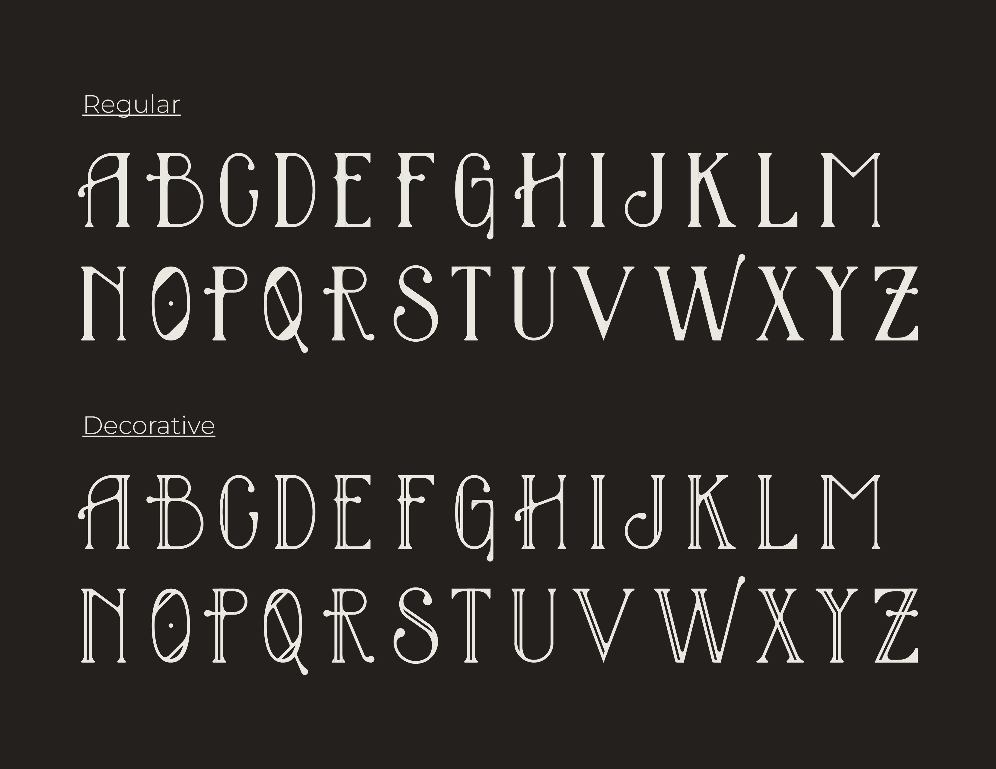 The final typeface letterforms. There are two versions, a solid version and a decorative version that have the strokes outline. These are the uppercase letterforms.