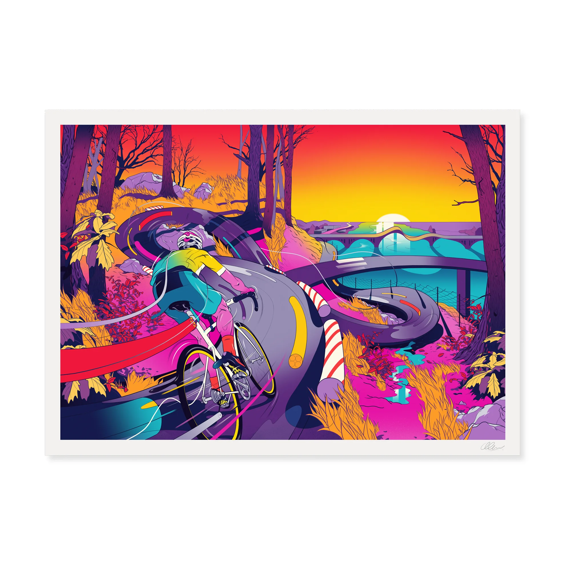 Bicycle Art by Andrew Archer – colourful surreal cycling illustration of a rider navigating twisting roads through a vibrant forest at sunset.