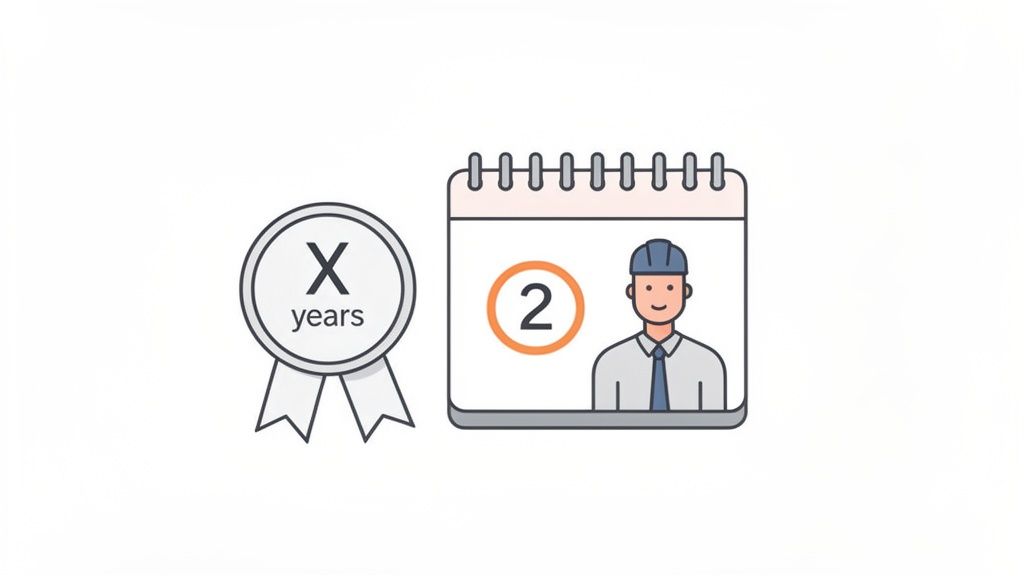 A graphic depicting a service anniversary award icon next to a calendar page with a construction worker illustration.