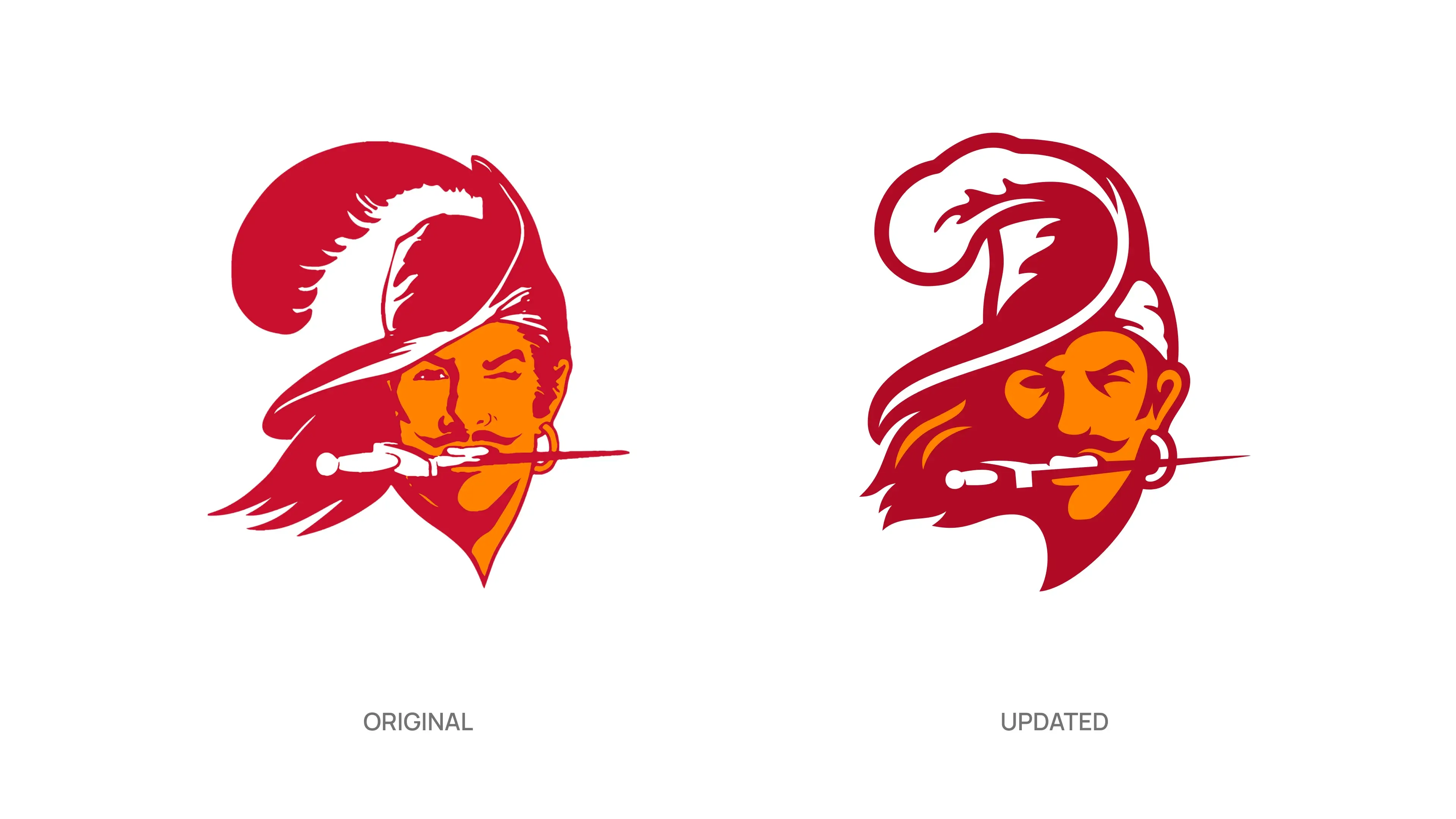 Two stylized pirate logos in red on a white background, in a before and after comparison, featuring a feathered hat and knife in mouth, conveying a striking adventurous tone.