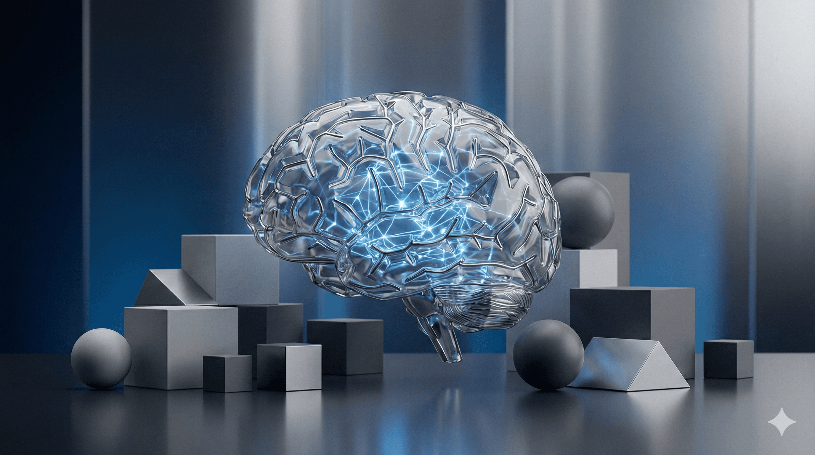 A translucent, digital brain with blue accents floats amidst geometric shapes, symbolizing advanced technology and innovation, capturing the essence of deep thinking and artificial intelligence.