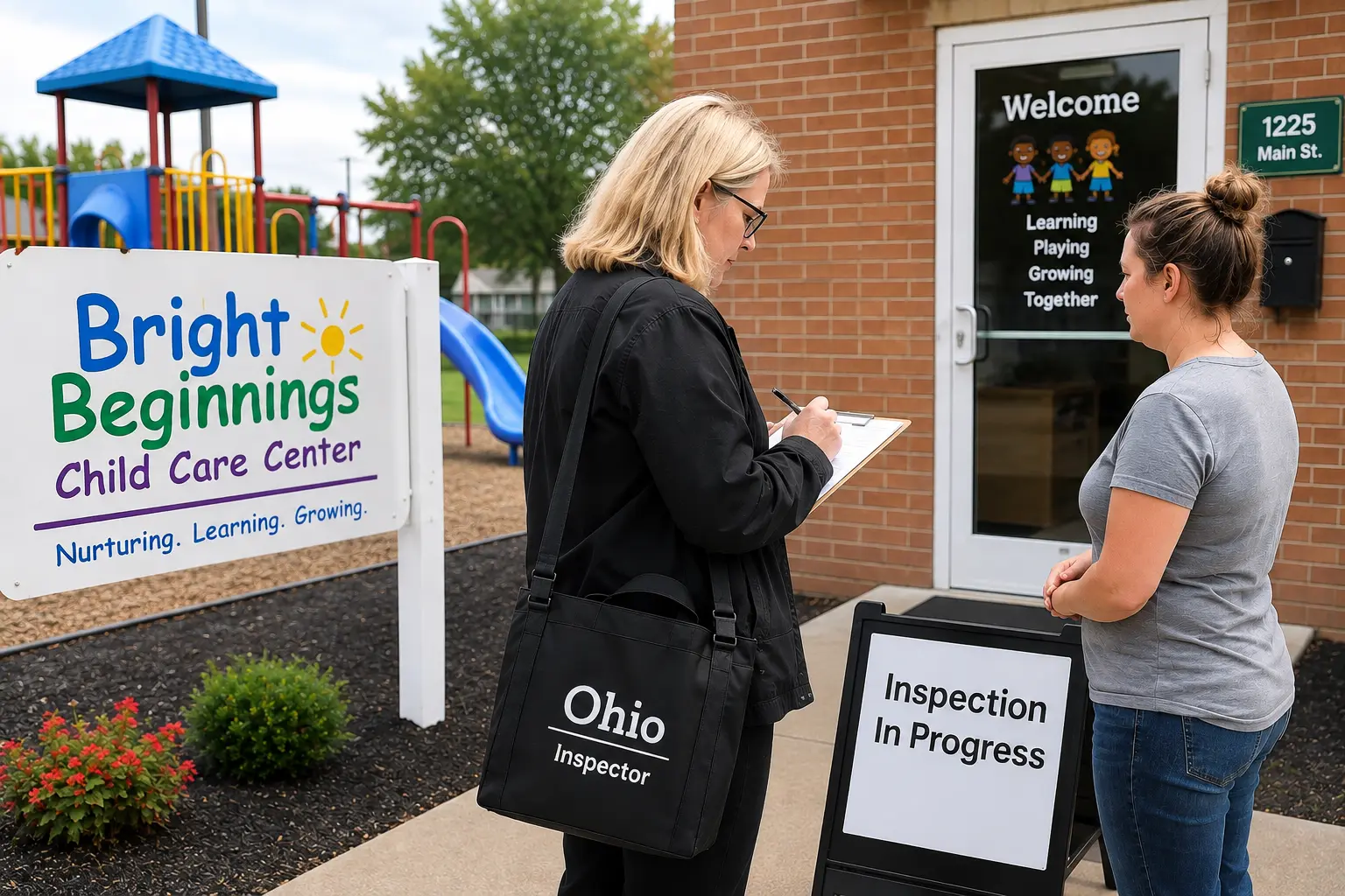 a woman with a clipboard and a bag that says "Ohio inspector" writes something down outside a child care center