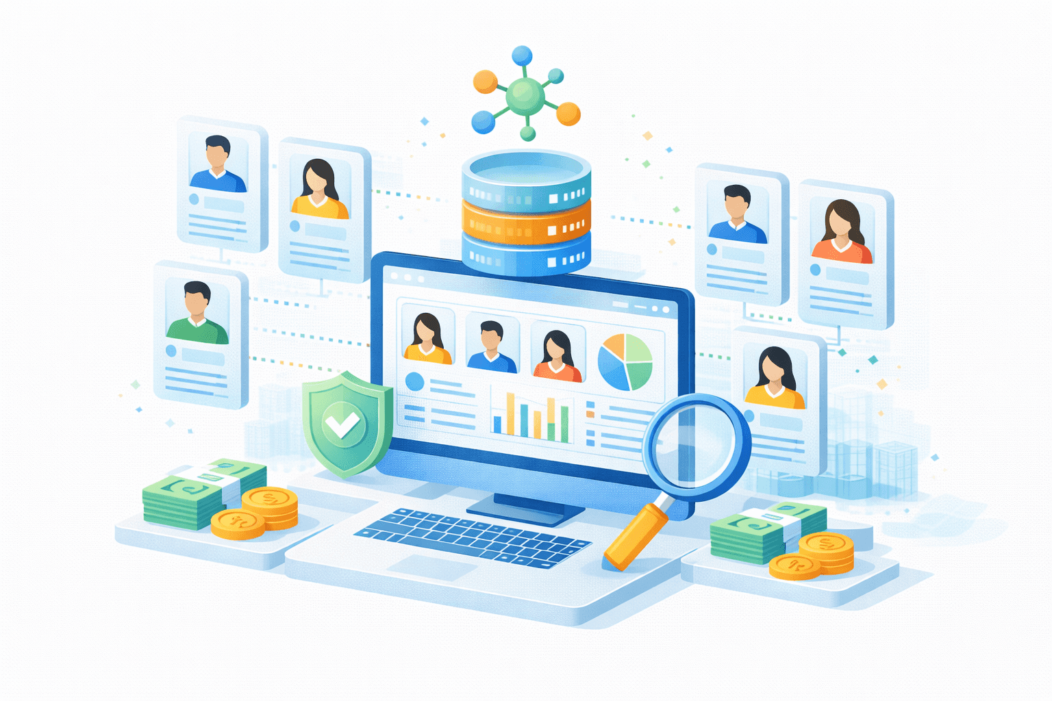 Ilustrasi customer data platform (CDP) dengan unified profile, analytics, dan governance. Di tengah terdapat dashboard pelanggan terpadu pada monitor, menampilkan kartu profil beberapa pengguna, grafik batang, dan pie chart. Di sekelilingnya terlihat kartu profil individu yang terhubung ke database pusat di atas (ikon silinder berlapis) serta node relasi data (ikon jaringan). Perisai bertanda centang menandakan keamanan dan kepatuhan, sementara kaca pembesar menunjukkan analisis dan penelusuran data. Tumpukan uang/koin melambangkan nilai bisnis. Visual menggambarkan konsolidasi identitas pelanggan, analitik, keamanan, dan insight dalam satu platform terintegrasi.