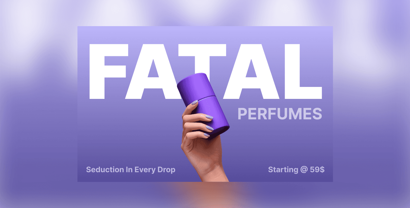 Fatal Perfumes ad with purple perfume bottle and hand