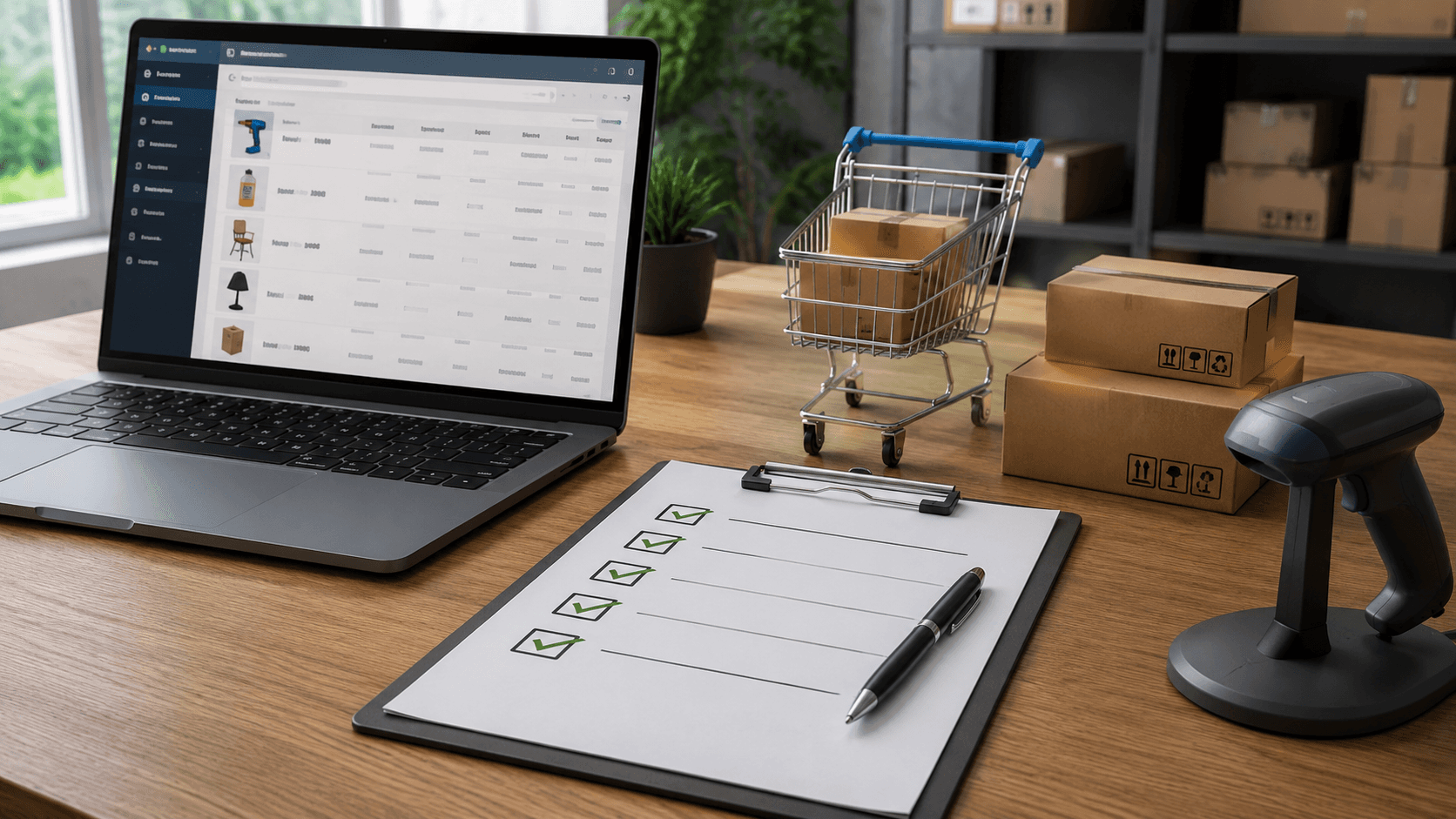Mesa de trabalho com notebook exibindo um catálogo de produtos, prancheta com itens marcados, caixas, carrinho de compras em miniatura e leitor de código de barras, representando o checklist técnico para integrar o Omie a um e-commerce B2B antes do go-live.