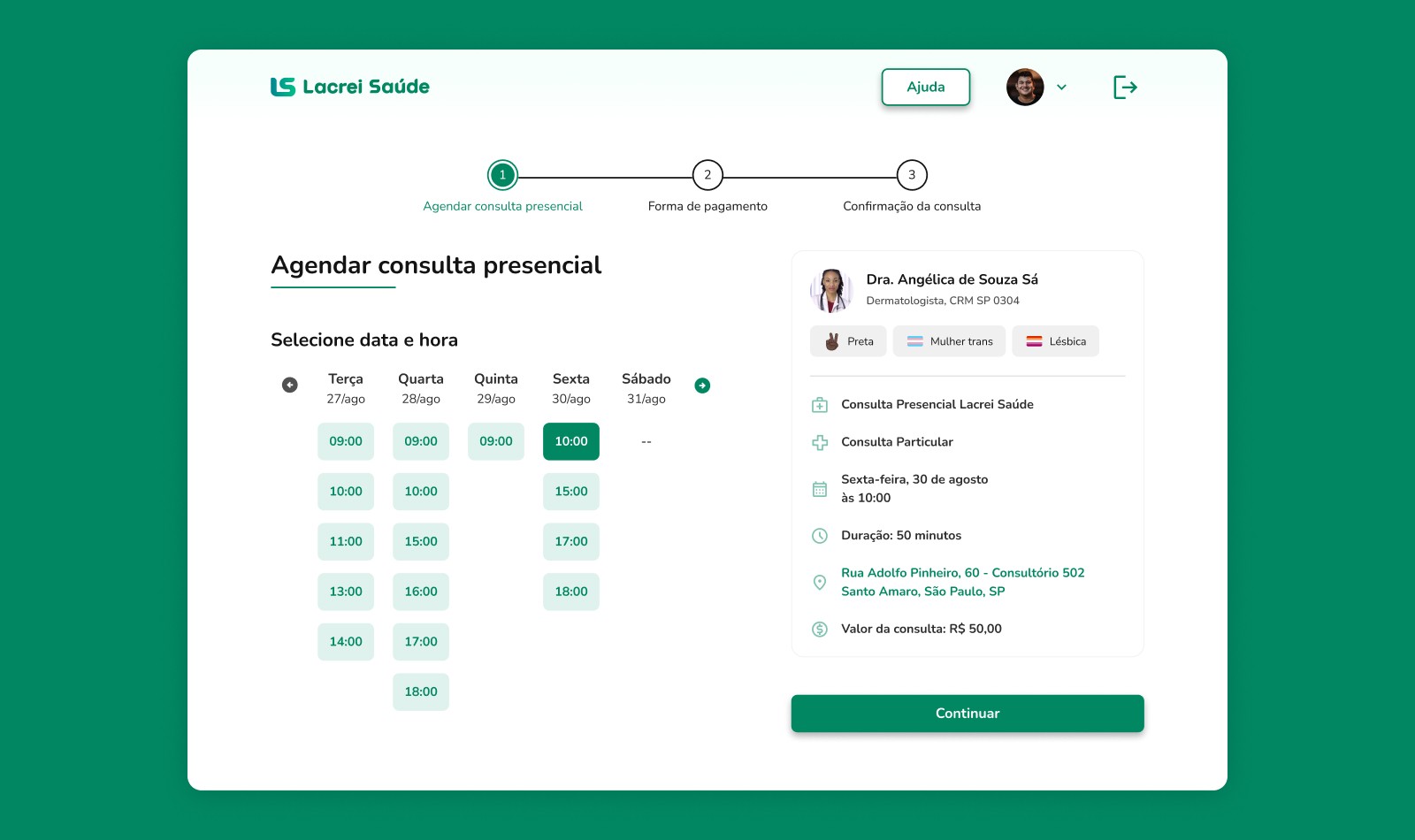Tela de agendamento Lacrei Saúde