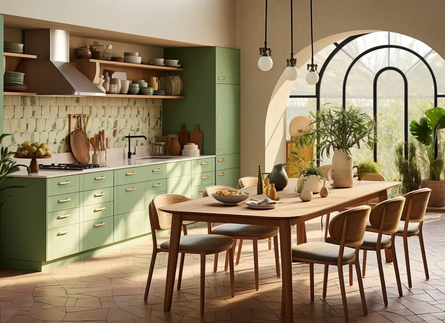Modern kitchen and dining area with sage green cabinets.