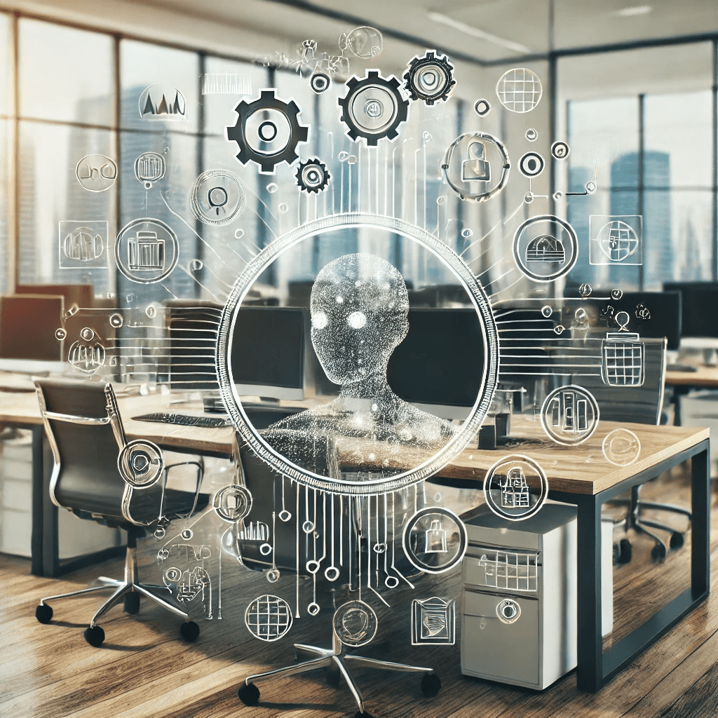 A modern office with AI and automation icons overlayed, showcasing the integration of AI in business operations.