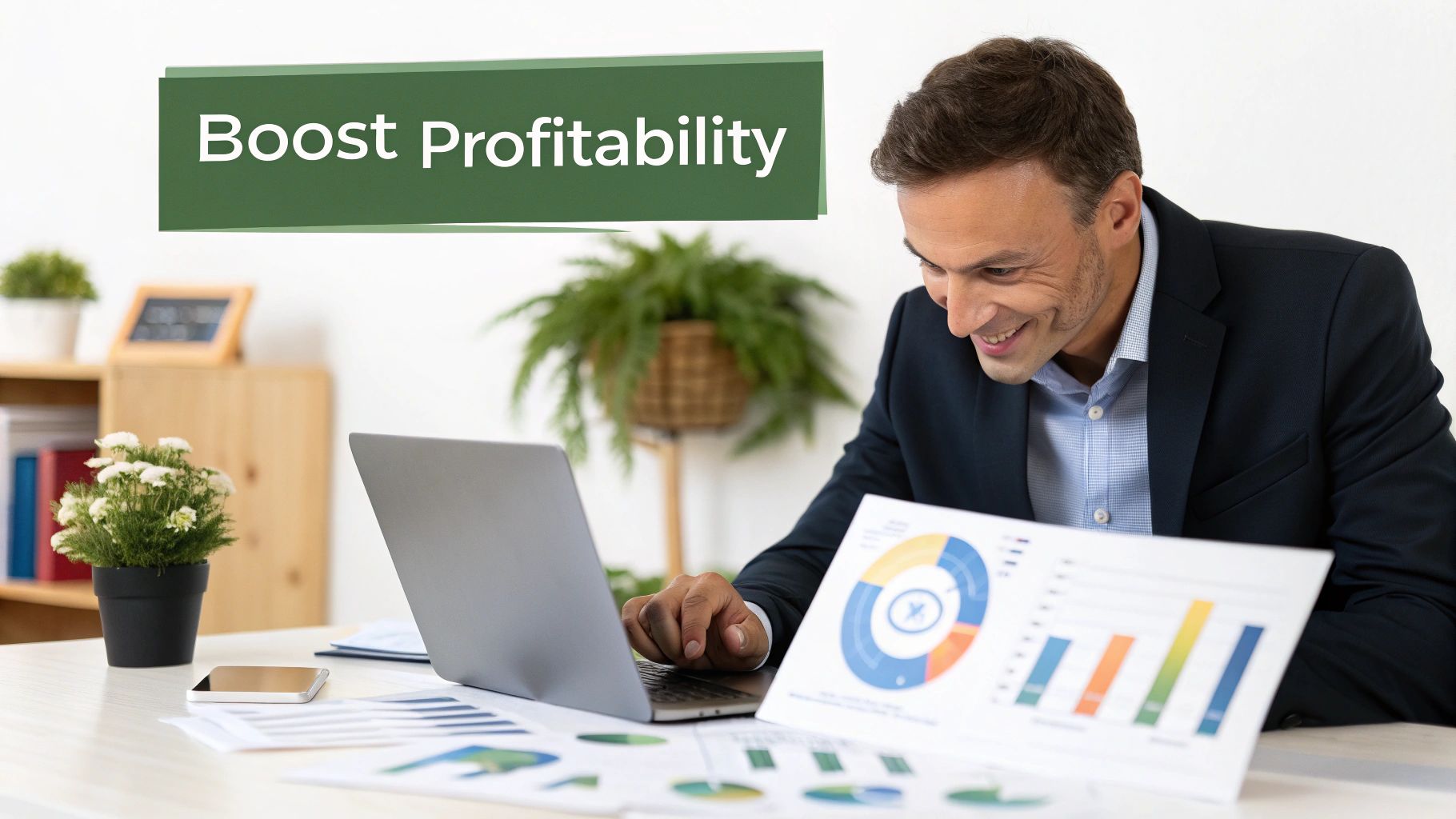 Smiling businessman analyzes financial data on a laptop and charts with 'Boost Profitability' text.
