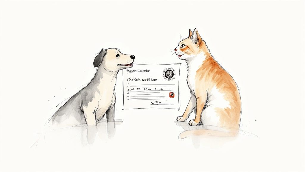 A veterinarian checking a golden retriever's health, representing the process of getting a pet certificate of health.