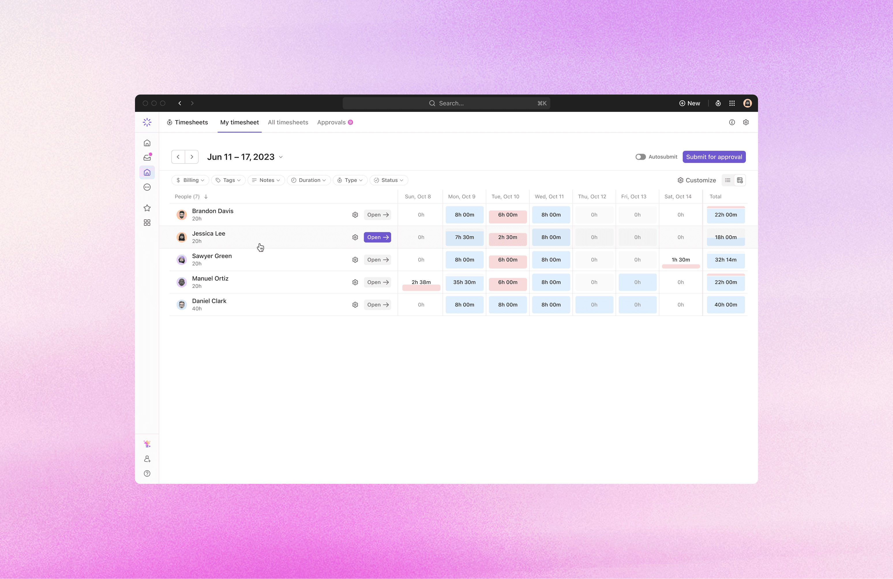 Timesheets & Approvals / A team timesheet view  allows managers and admins to monitor their team's workloads and submit time for others
