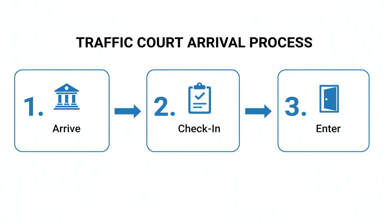 A flowchart showing the three-step traffic court arrival process: Arrive, Check-In, and Enter.