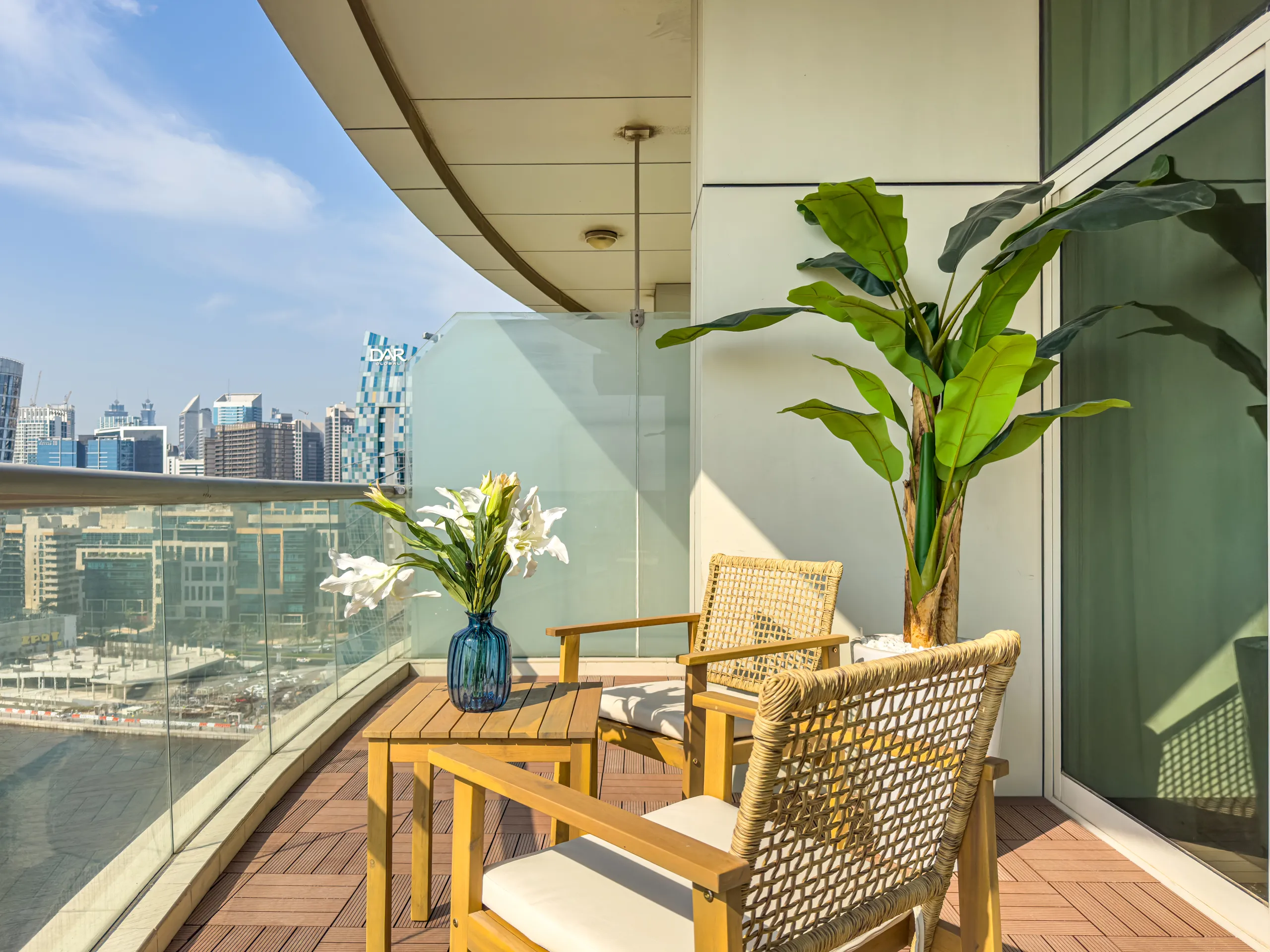 Sunny and colourful terrace with plants.