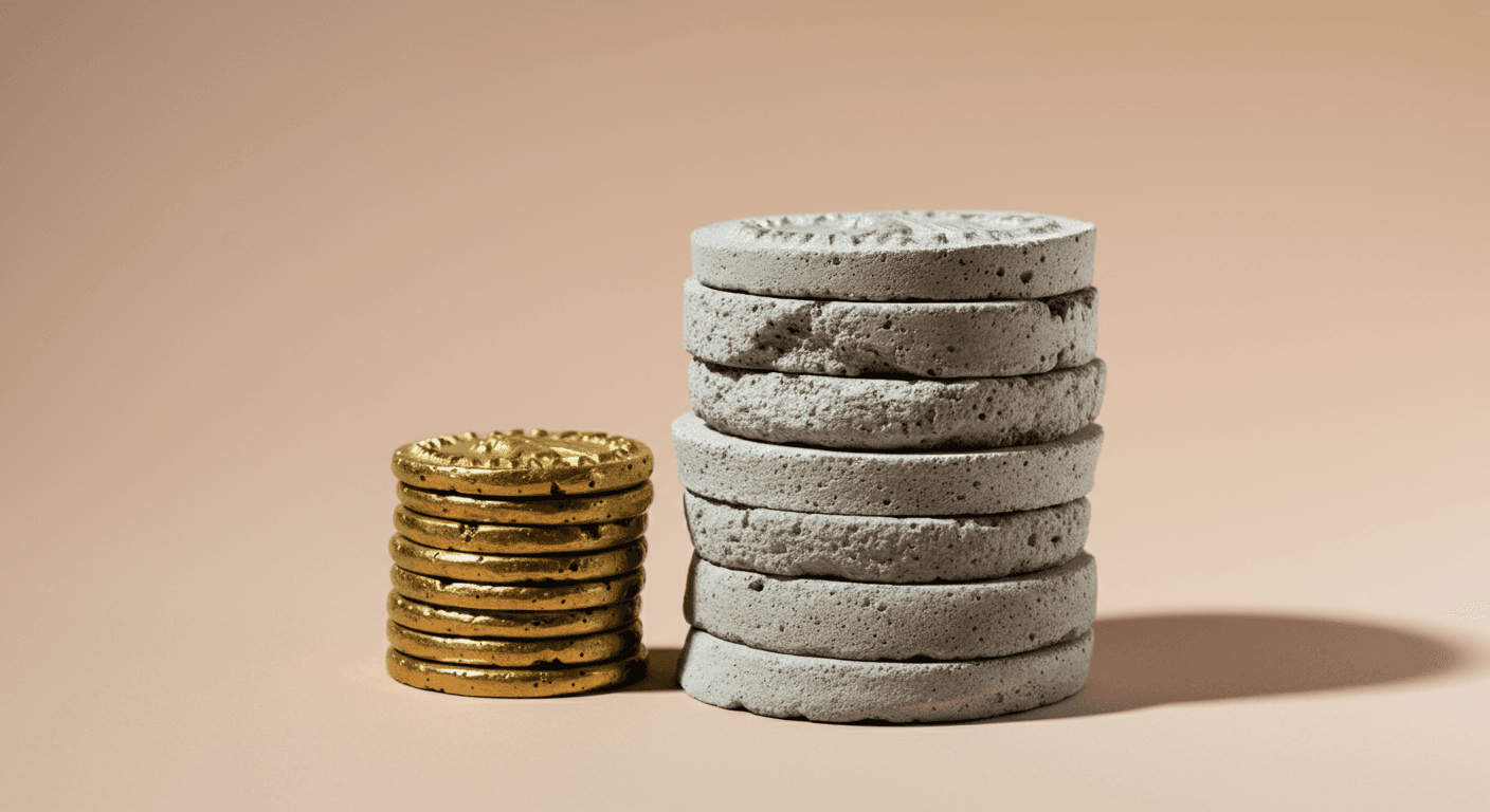 A stack of gold coins next to a stack of concrete coins, twice the size