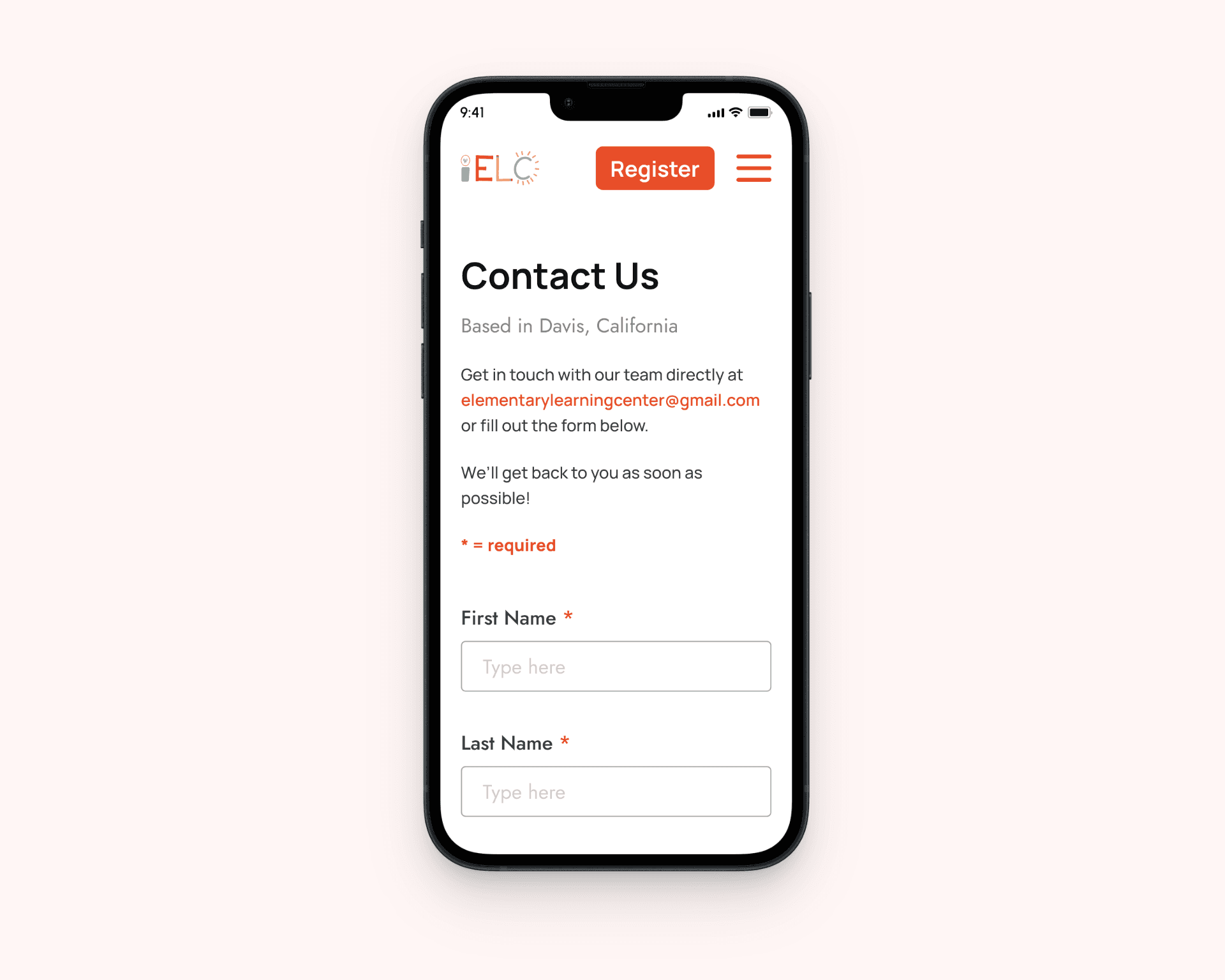 Mobile contact page mockup