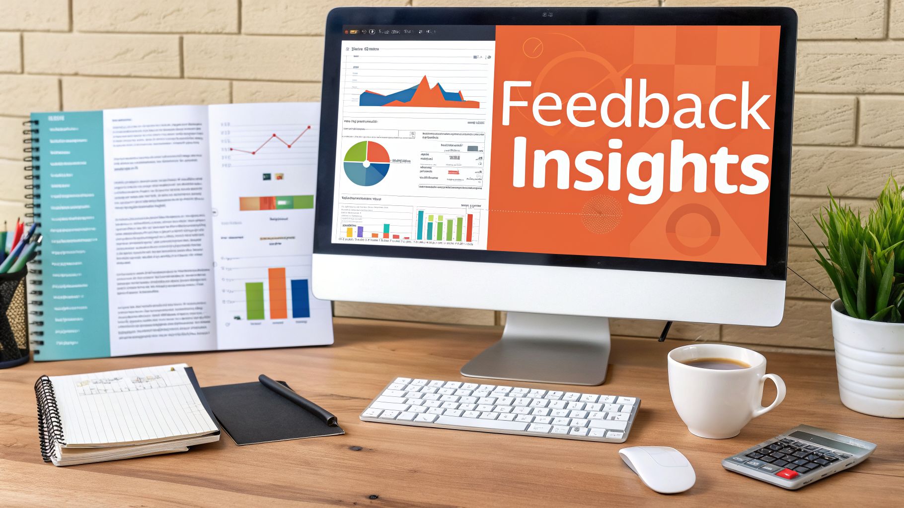 A desk with a computer displaying 'Feedback Insights' and data charts, alongside a notebook, coffee, and a plant.