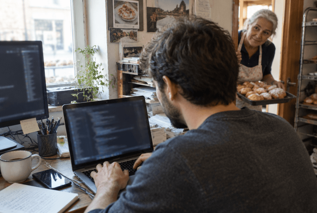 Developer coding in the back office of a bakery while the owner brings pastries