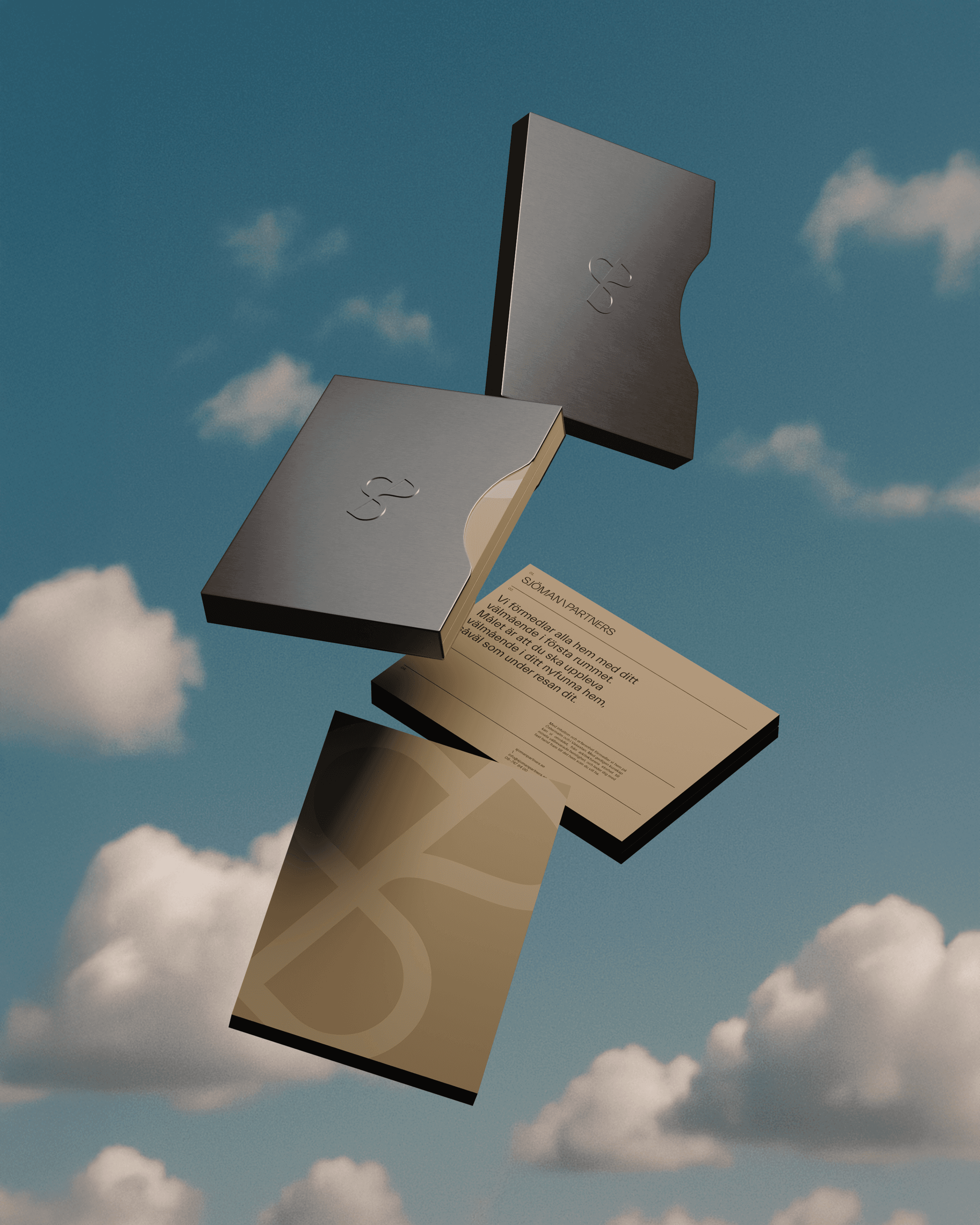 Sjöman Partners identity, metallic boxes suspended against a blue sky