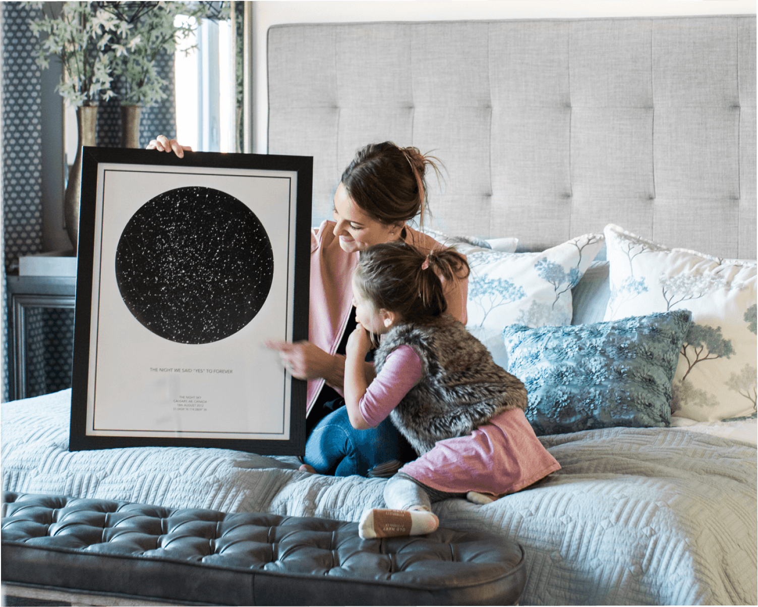 Collection of personalized gifts for her including star map prints and celestial jewelry