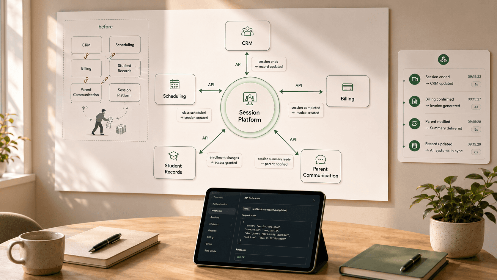 Virtual classroom API diagram connecting CRM, billing, scheduling, student records, and parent communication through a session platform.