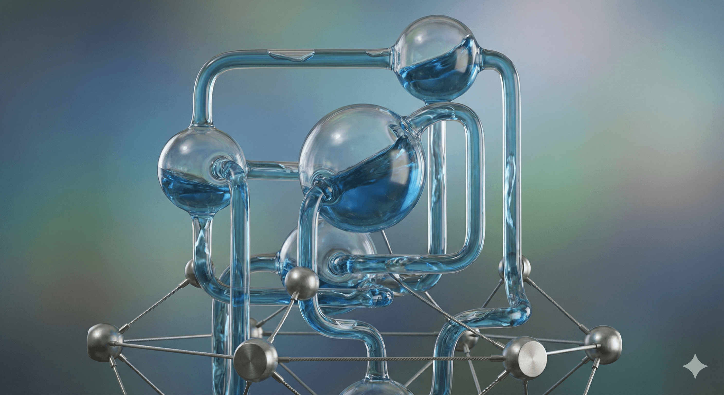 The image features an intricate network of interconnected, transparent tubes and spheres filled with blue liquid, representing a conceptual visualization of liquid neural networks.