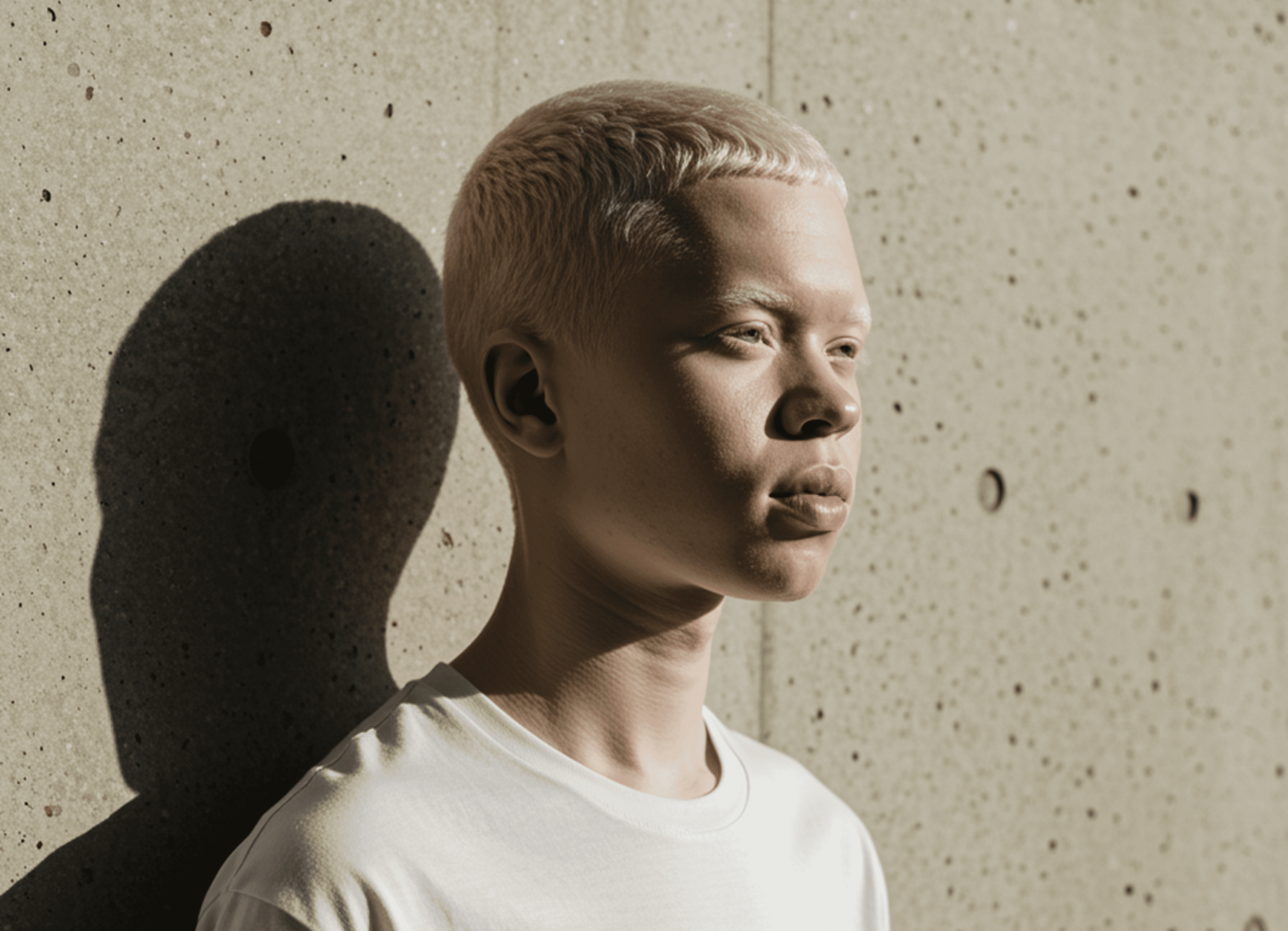 Lalaking may albinism na naka-white t-shirt habang nakasandal sa pader.