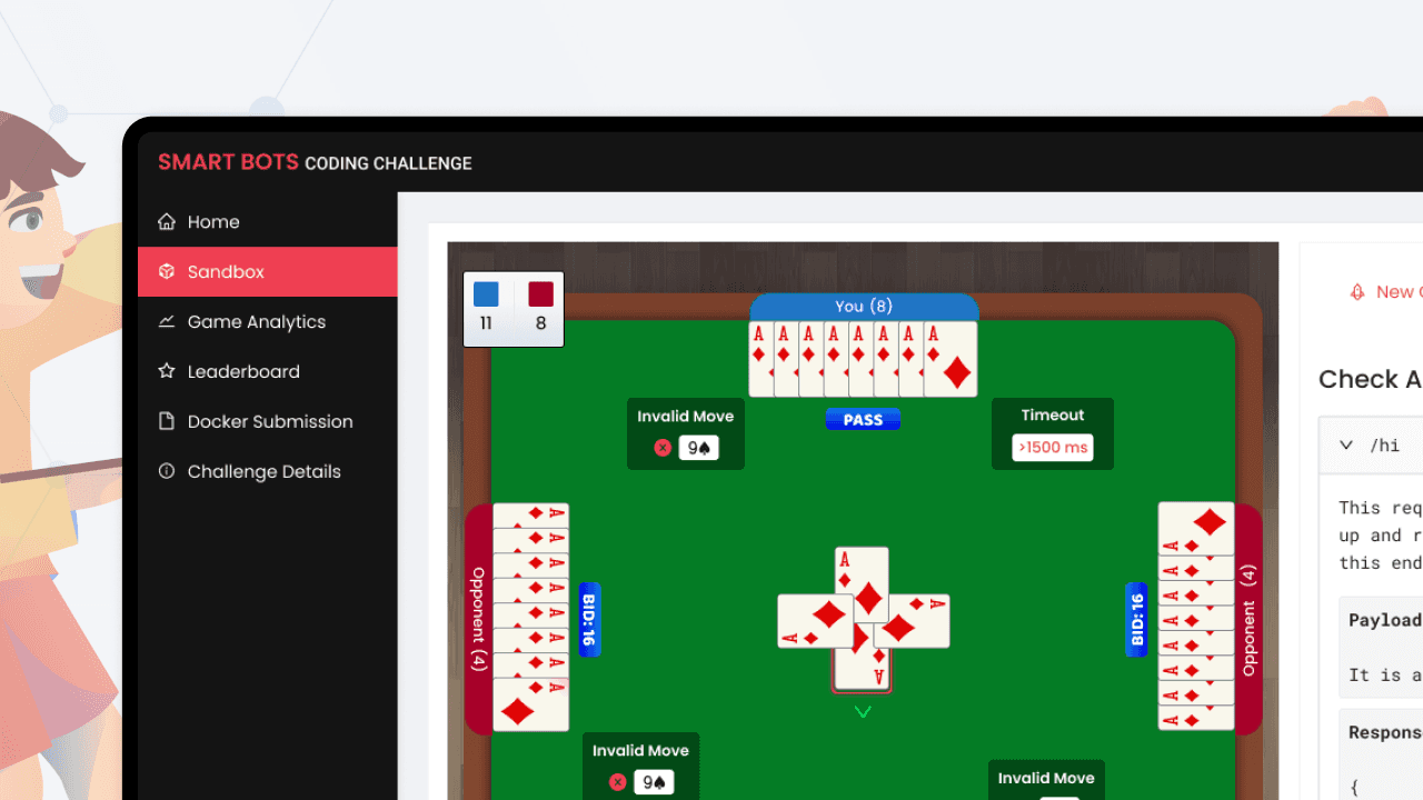 Dashboard mockup for the Smart Bots Coding Challenge showing data visualizations and developer tools.