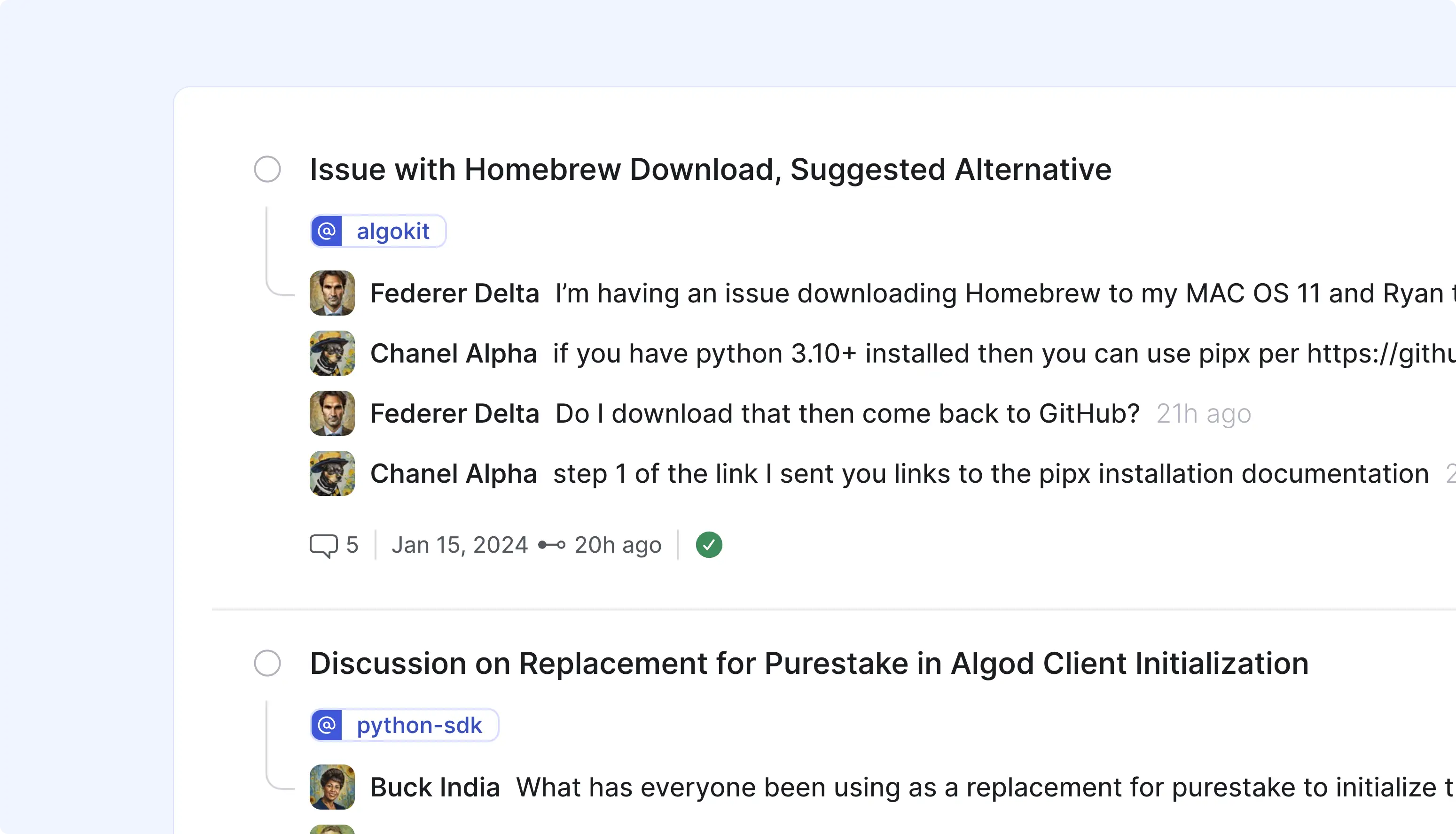 Struct app UI featuring discussions between anonymous users whose avatars are in the style of Van Gogh paintings