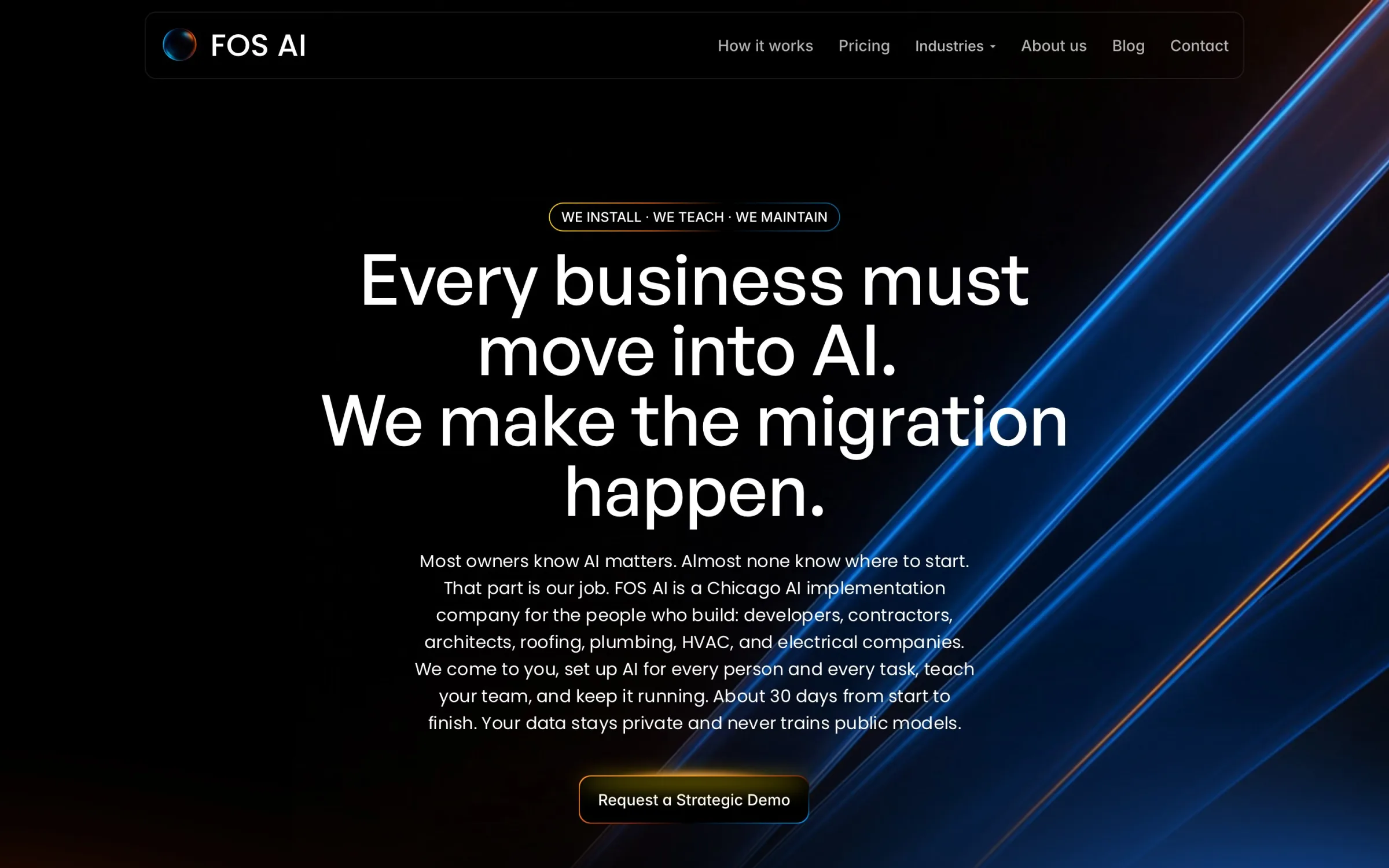 FOS AI website hero: every business must move into AI, we make the migration happen