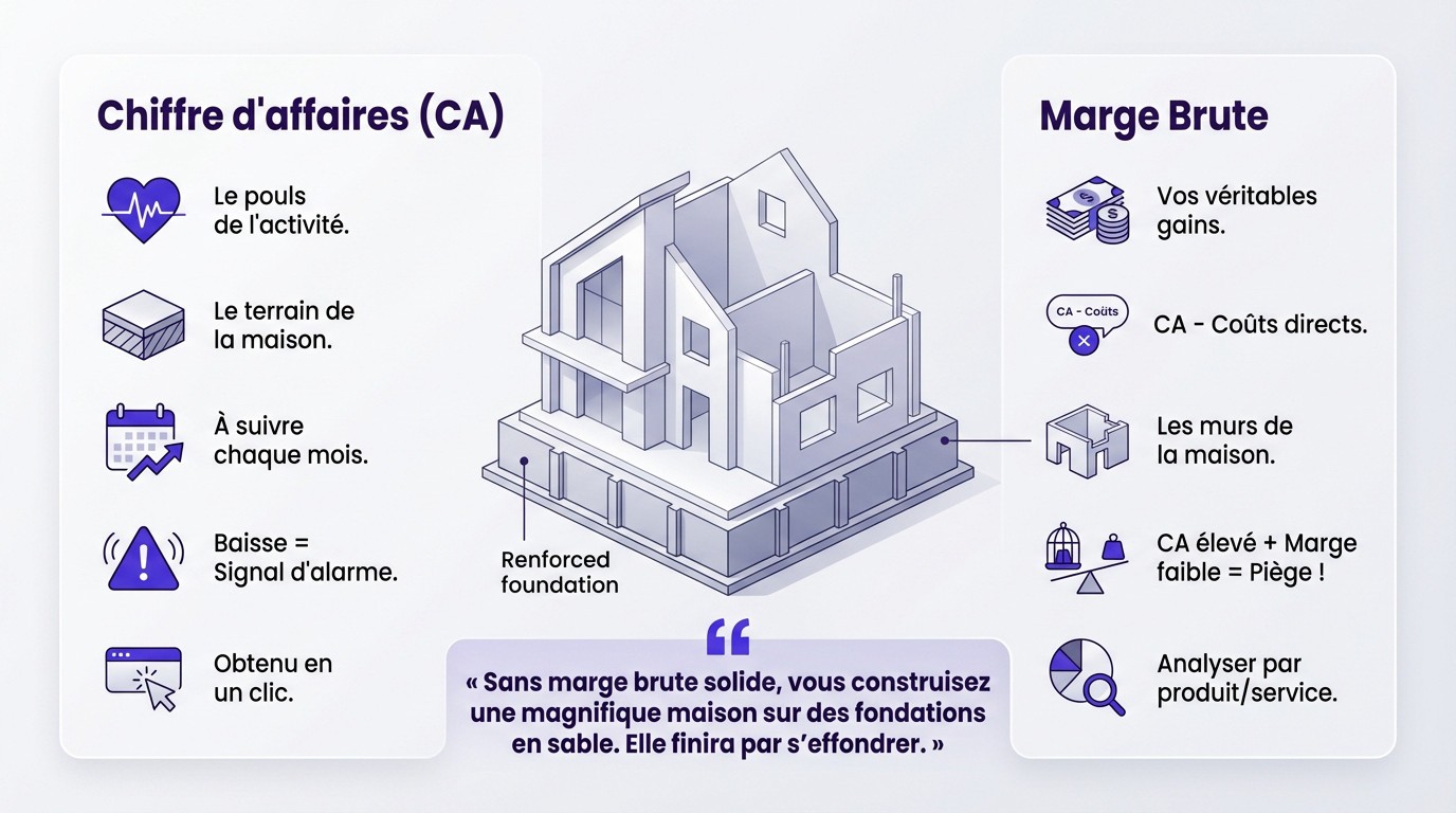 Schéma illustrant les fondations financières d'une entreprise : comparaison entre chiffre d'affaires et marge brute