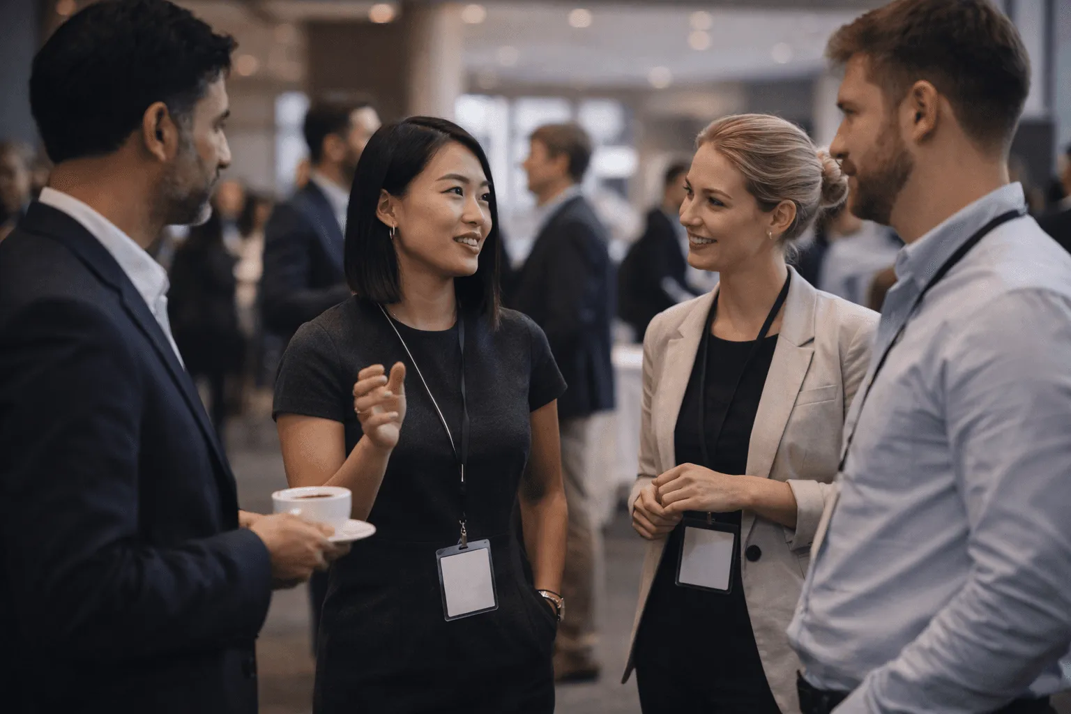 Business professionals networking at a conference, discussing ideas and shaking hands.